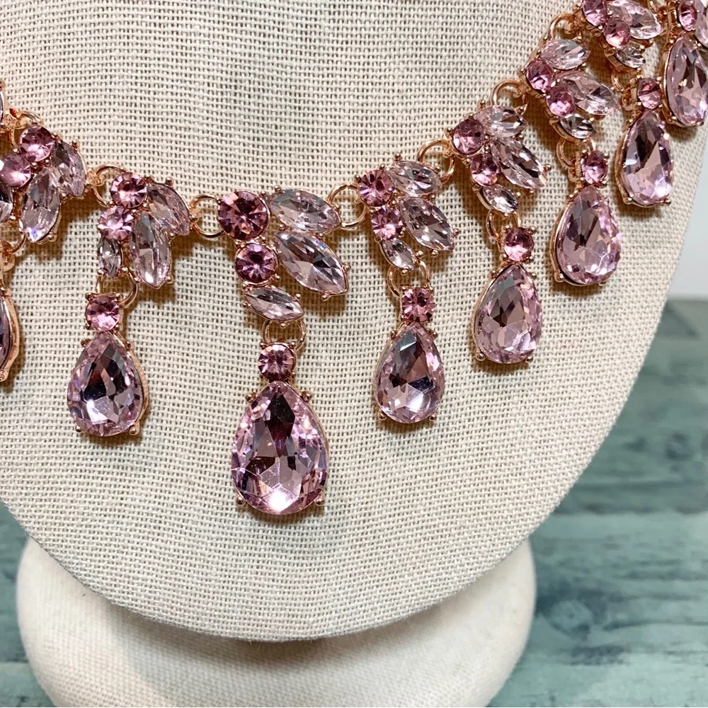 New Necklace and Earrings Austrian Crystal Pink Stones Rose Tone New - Picture 7 of 11
